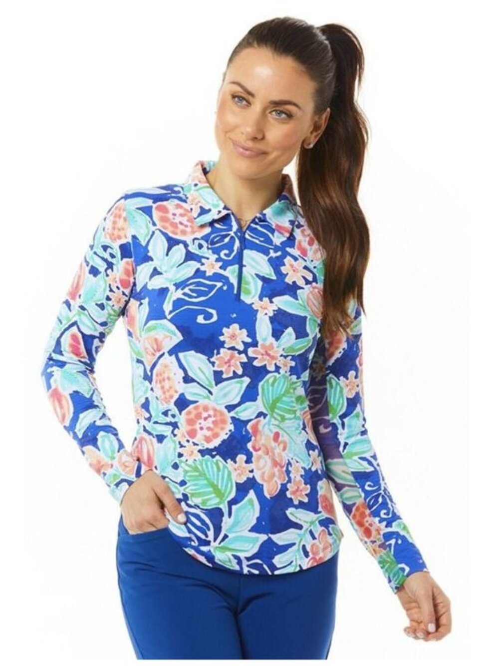 IBKUL 1/4 Zip XL Top UPF 50+ Cool Long Slv Blue Floral Golf Tennis Pickleball